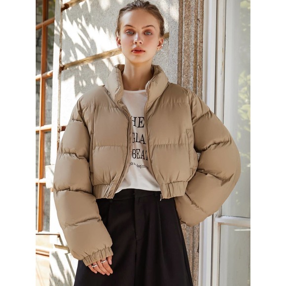 BohoGypsyDreamer Jackets & Blazers - Zipper Up Elastic Hem Crop Puffer Coat tan